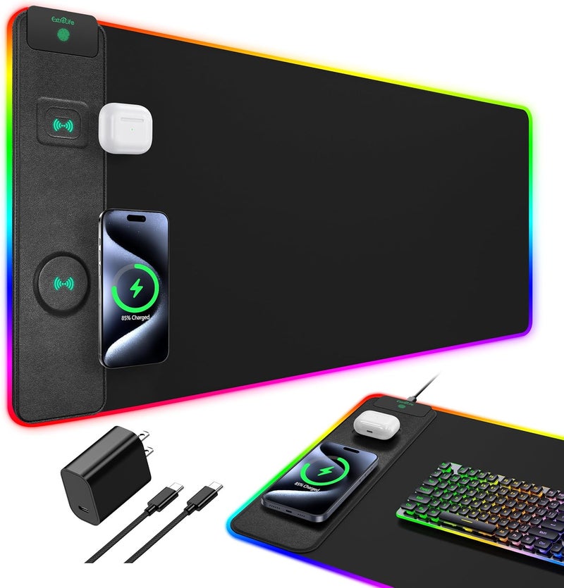 ExtreLife Mouse Pad with Wireless Charging, RGB Gaming Desk Mat, 31.5"x15.7" Large XXL Desk Pad, 15 Lighting Modes, Non-Slip Mouse Mat, Waterproof Computer Keyboard Pad, Black with 20W PD Power Adapter - Image 1